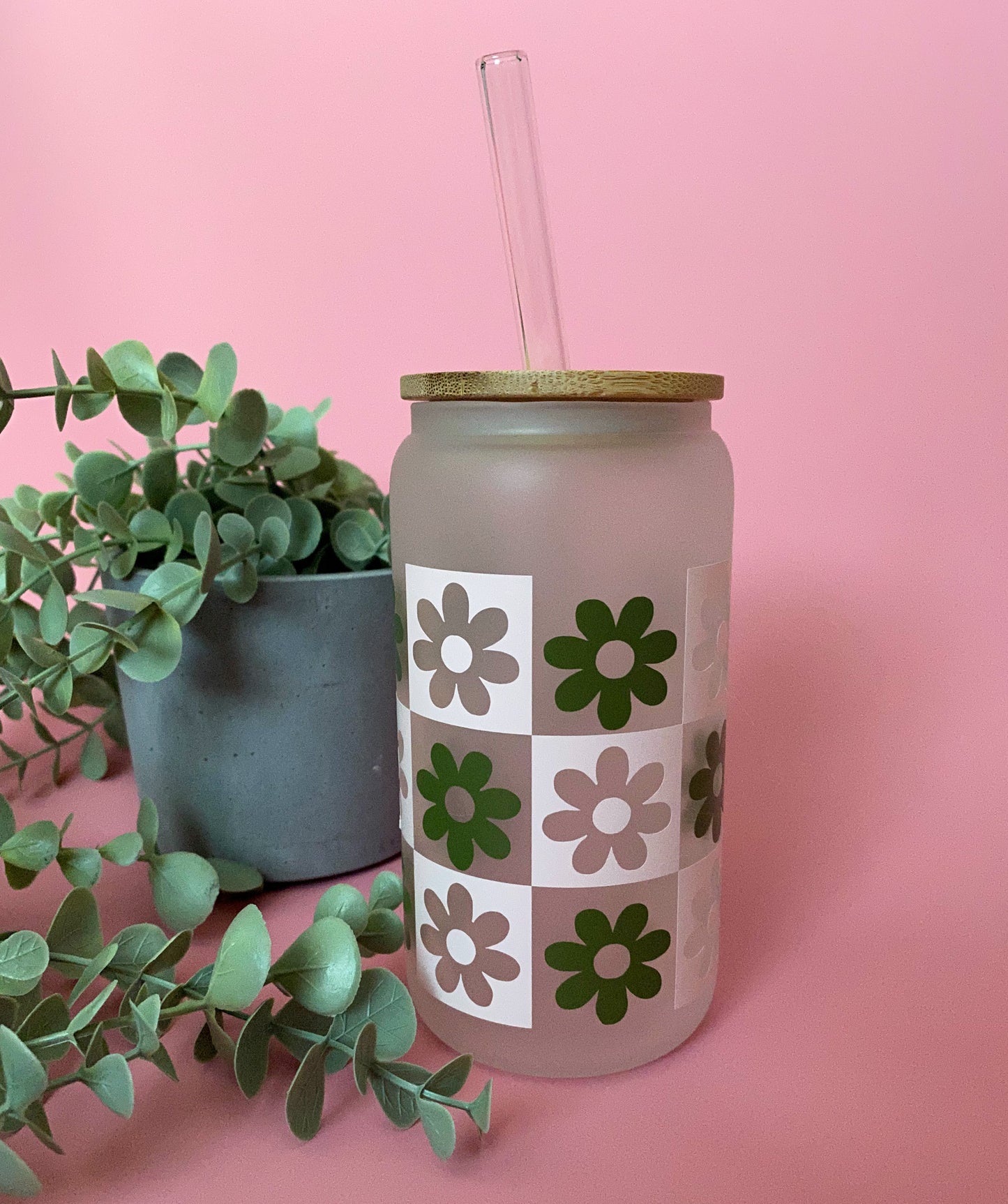Retro Green & Pink Flower | Beer Can Glass | Iced Coffee Glass | Gifts Under $25 | Gifts for Her