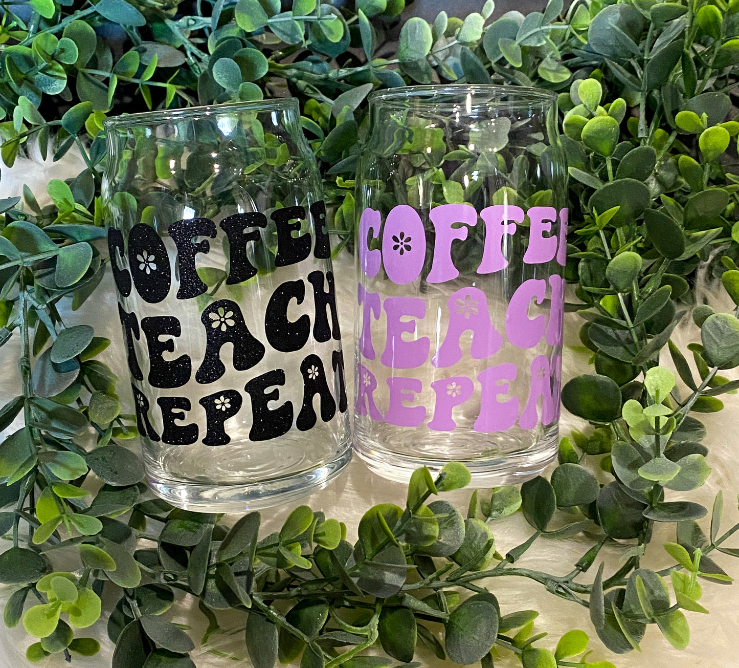 Coffee Teach Repeat | Gifts for Teachers | Gifts Under 20 | Beer Can Glass | Iced Coffee Glass | Soda Can Glass