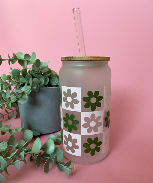 Retro Green & Pink Flower | Beer Can Glass | Iced Coffee Glass | Gifts Under $25 | Gifts for Her