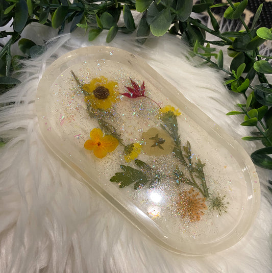 Yellow Floral Trinket Tray | Jewelry Tray | Handmade | Resin Art